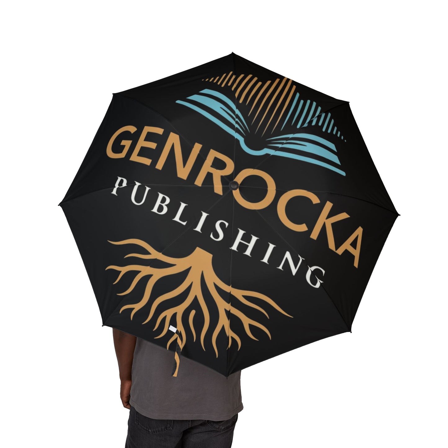 Black GenRocka Publishing Foldable Umbrella with Coastal Wave & Palm Logo — Semi‑Automatic Travel Umbrella