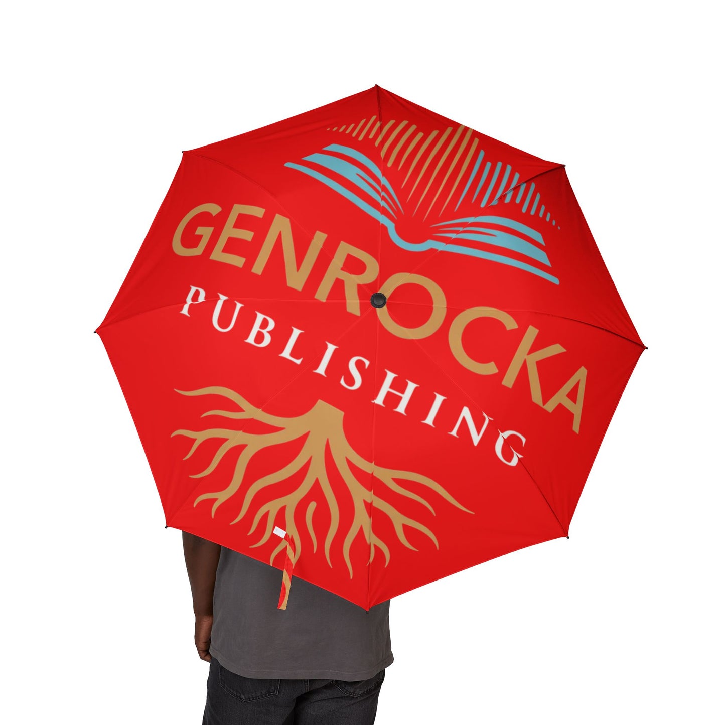 Red GenRocka PublishingCompact Foldable Umbrella with Coastal Wave & Palm Logo — Semi‑Automatic Travel Umbrella