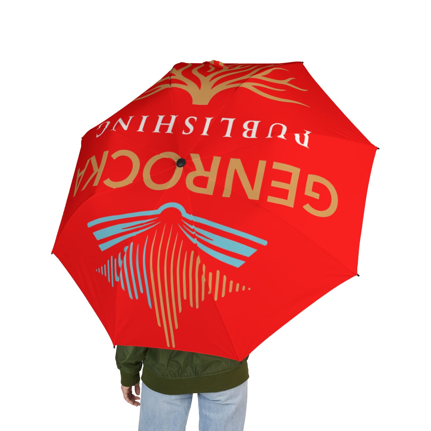 Red GenRocka PublishingCompact Foldable Umbrella with Coastal Wave & Palm Logo — Semi‑Automatic Travel Umbrella