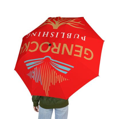 Red GenRocka PublishingCompact Foldable Umbrella with Coastal Wave & Palm Logo — Semi‑Automatic Travel Umbrella