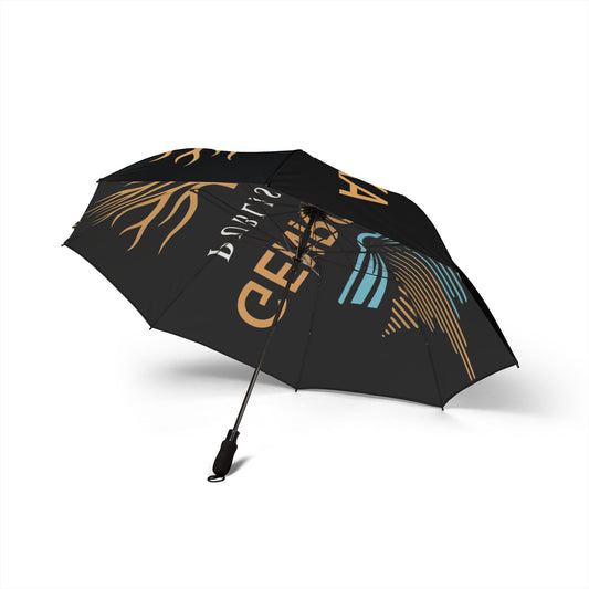 Black GenRocka Publishing  Foldable Umbrella with Coastal Wave & Palm Logo — Semi‑Automatic Travel Umbrella