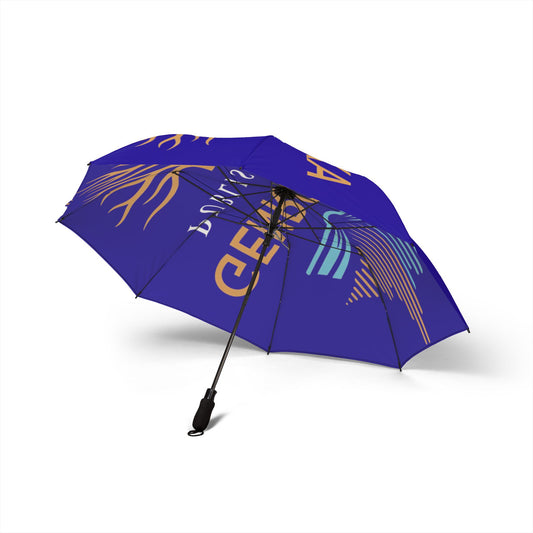 Blue GenRocka Publishing Compact Foldable Umbrella with Coastal Wave & Palm Logo — Semi‑Automatic Travel Umbrella