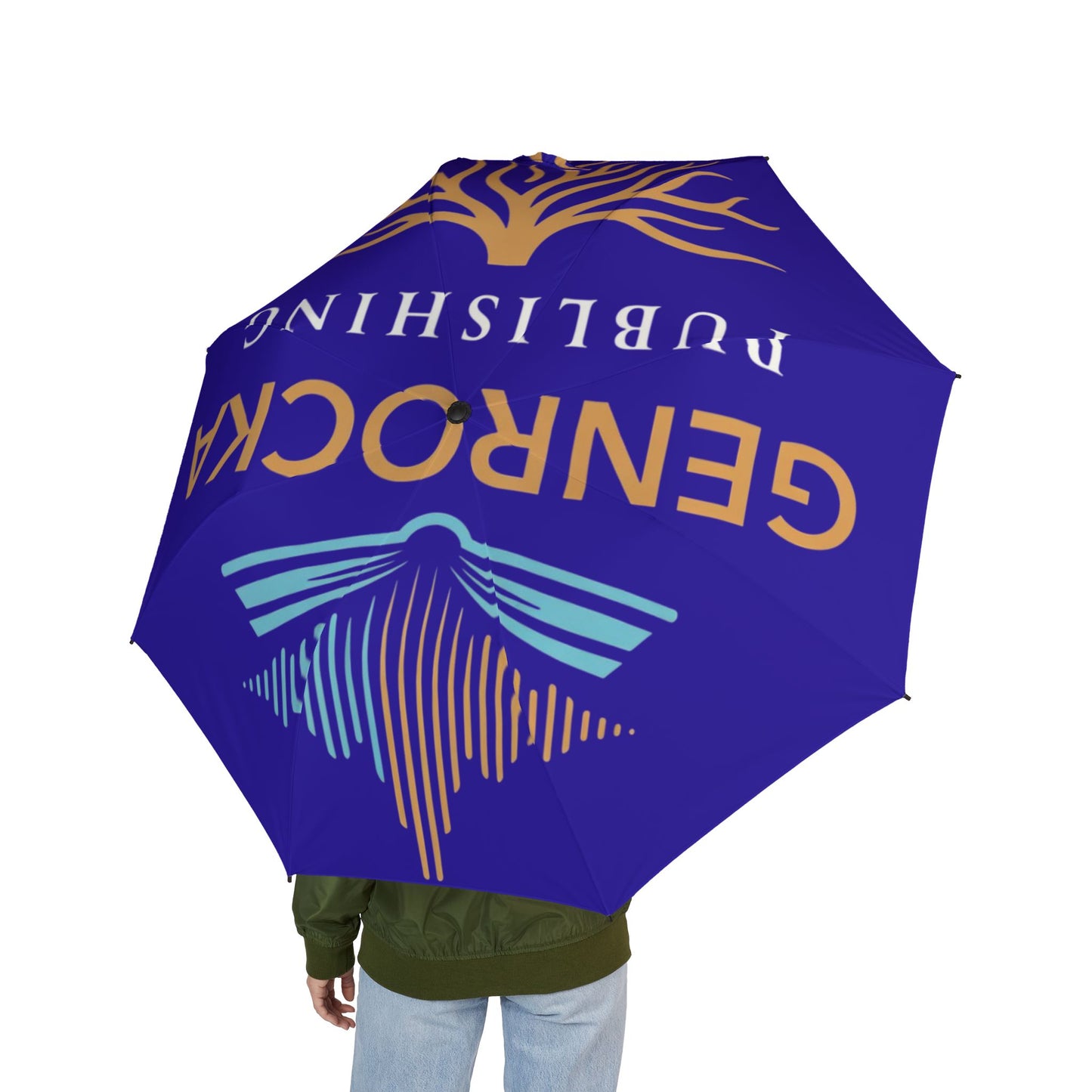 Blue GenRocka Publishing Compact Foldable Umbrella with Coastal Wave & Palm Logo — Semi‑Automatic Travel Umbrella