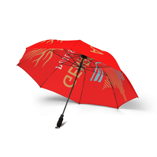 Red GenRocka PublishingCompact Foldable Umbrella with Coastal Wave & Palm Logo — Semi‑Automatic Travel Umbrella