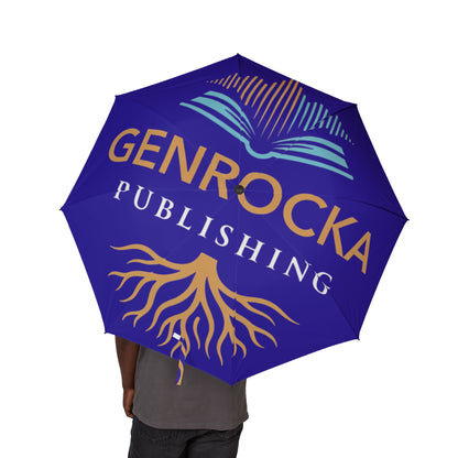 Blue GenRocka Publishing Compact Foldable Umbrella with Coastal Wave & Palm Logo — Semi‑Automatic Travel Umbrella
