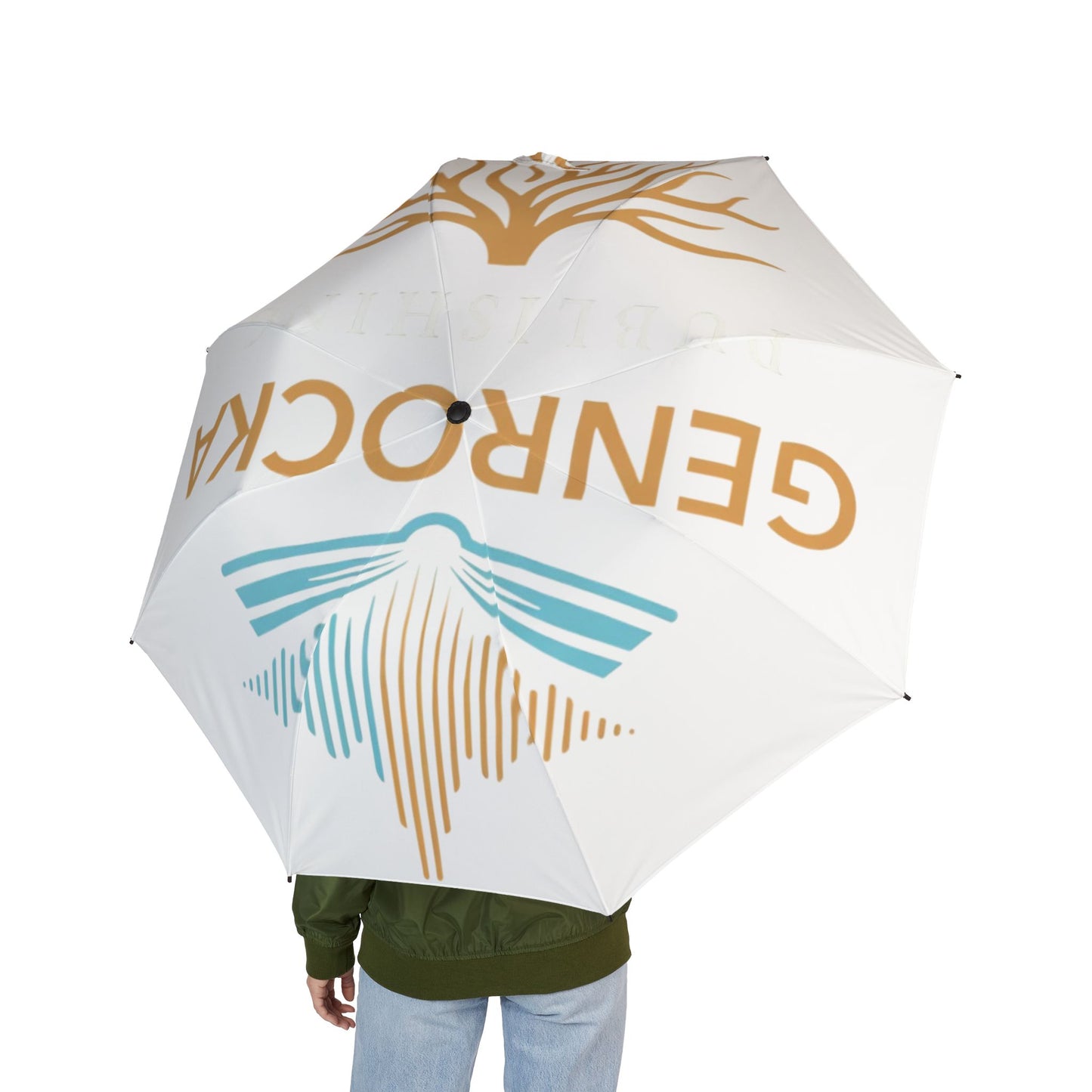 White GenRocka Publishing Compact Foldable Umbrella with Coastal Wave & Palm Logo — Semi‑Automatic Travel Umbrella