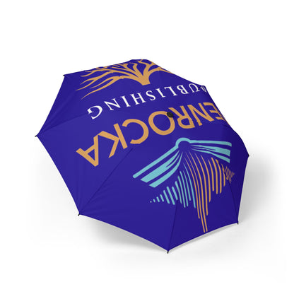 Blue GenRocka Publishing Compact Foldable Umbrella with Coastal Wave & Palm Logo — Semi‑Automatic Travel Umbrella