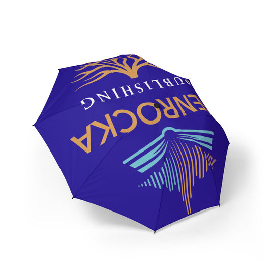 Blue GenRocka Publishing Compact Foldable Umbrella with Coastal Wave & Palm Logo — Semi‑Automatic Travel Umbrella