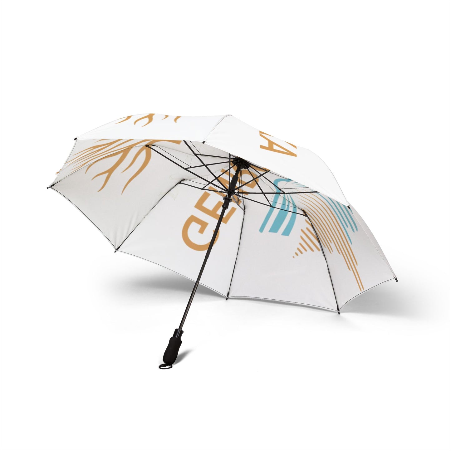 White GenRocka Publishing Compact Foldable Umbrella with Coastal Wave & Palm Logo — Semi‑Automatic Travel Umbrella