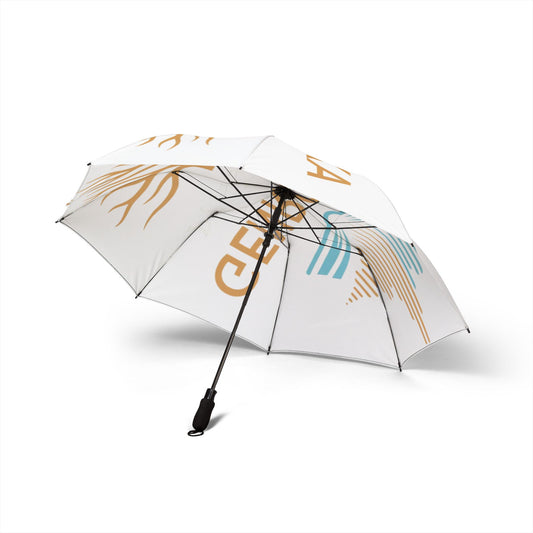 White GenRocka Publishing Compact Foldable Umbrella with Coastal Wave & Palm Logo — Semi‑Automatic Travel Umbrella