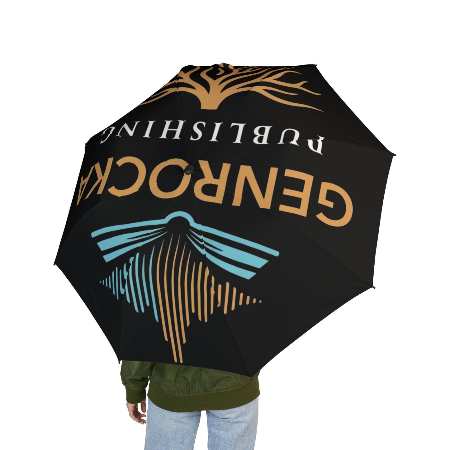 Black GenRocka Publishing  Foldable Umbrella with Coastal Wave & Palm Logo — Semi‑Automatic Travel Umbrella