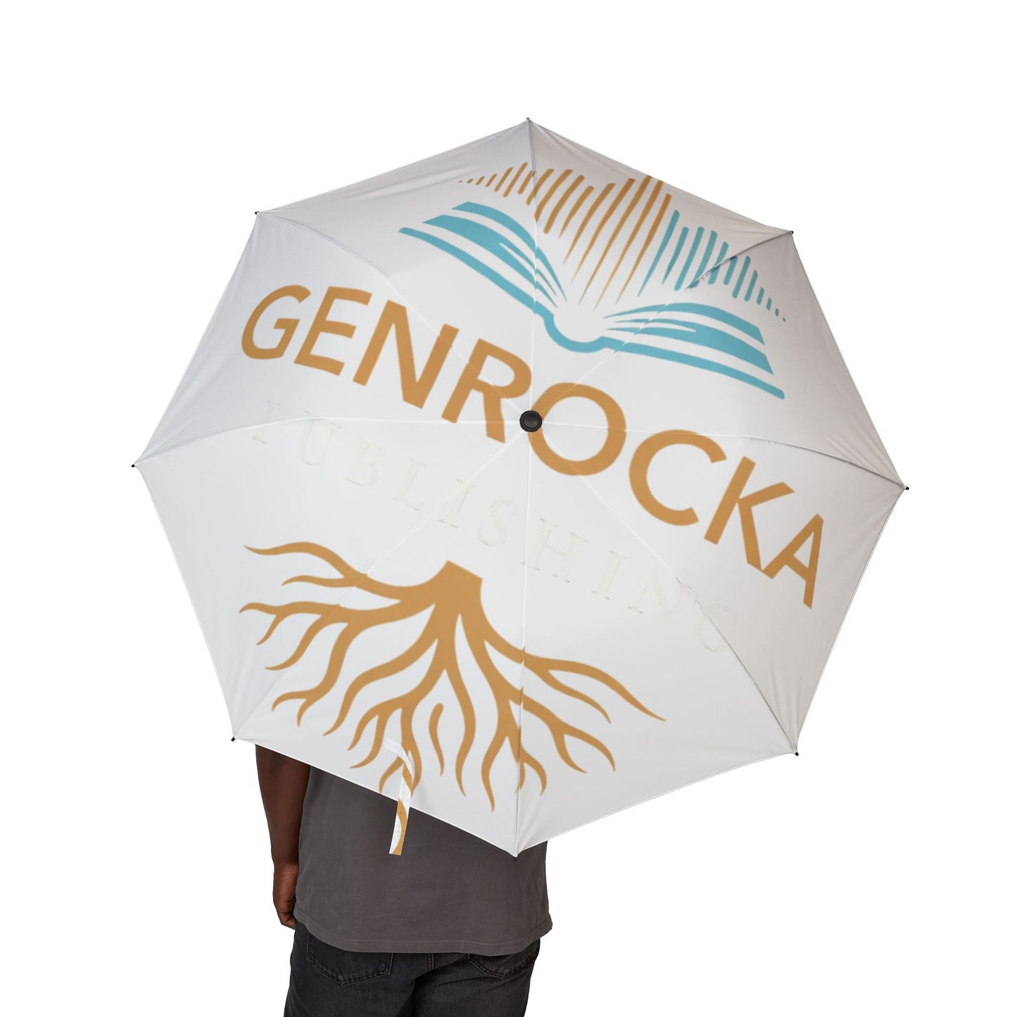 White GenRocka Publishing Compact Foldable Umbrella with Coastal Wave & Palm Logo — Semi‑Automatic Travel Umbrella