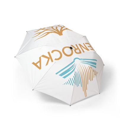 White GenRocka Publishing Compact Foldable Umbrella with Coastal Wave & Palm Logo — Semi‑Automatic Travel Umbrella