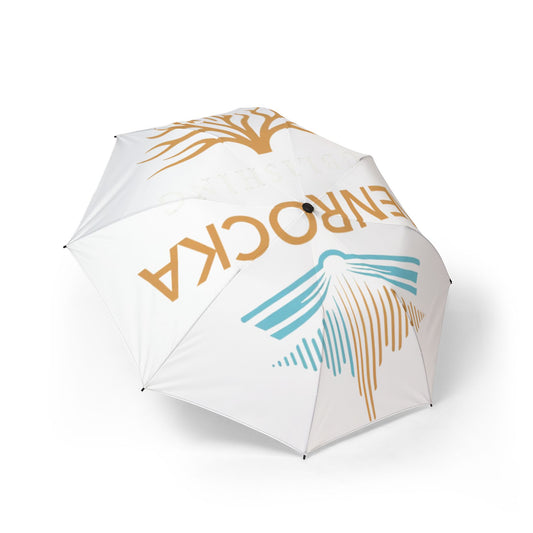 White GenRocka Publishing Compact Foldable Umbrella with Coastal Wave & Palm Logo — Semi‑Automatic Travel Umbrella