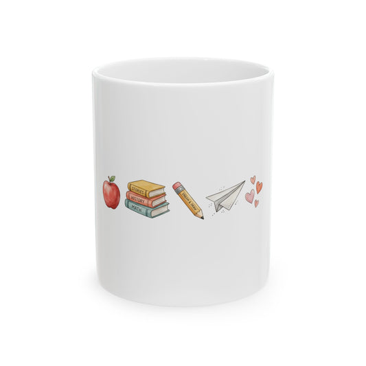 Teacher Appreciation Ceramic Mug — School Icons (Apple, Books, Pencil, Paper Plane)